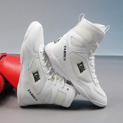 Zapatos de boxeo profesionales para hombres, zapatos de competición de caña alta, zapatos de entrenamiento de combate/lucha, diseño ligero, fabricados con material de malla, adecuados para fitness, levantamiento de pesas, culturismo, entrenamiento y talla grande