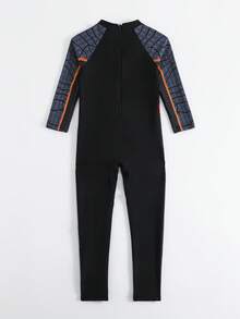 1件装幼儿男童卡通印花长袖长裤拉链连体泳衣