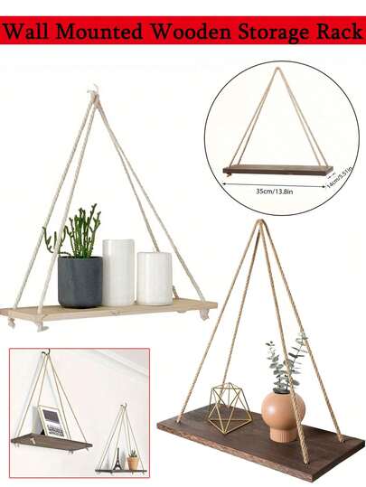 1PC Wall Mounted Decorative Hanging Rope Storage Rack, Flower Pot Storage Rack, Wooden Hanging Decorative Ornaments, Made Of Paulownia Material, Available In Multiple Colors, Is A Convenient And Practical Hanging Flower Rack Suitable For Living Room Decoration And Office Decoration.