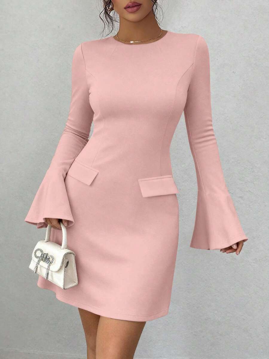 Women's Long Sleeve Elegant  Mini Dress Fall Bodycon Mock Neck Elegant Business Work Party Short Dresses New Years Valentine Vacation Fall Dresses For Women - 淺粉色 - 查看 1