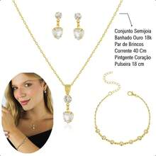 18k Gold Plated Costume Jewelry Set - Includes Bracelet, Necklace, Pendant, And Heart Earrings - 水晶 - 查看 3