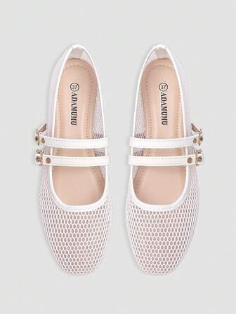 ADAMUMU Women's Fishnet Hollow-Out Ballet Flats, Lightweight Mesh, Two Elegant Buckles, Thoughtful Perforated Design, Comfortable & Breathable Fashion