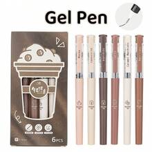 6pcsCoffee Theme Liquid Quick-Drying Ink Gel Pens, No Smear Soft Touch Pens For Note Taking Drawing School Office Supplies Back To School