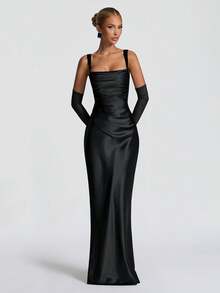 优雅缎面束腰系带吊带连衣裙，长款礼服，适合万圣节派对、鸡尾酒会、圣诞派对、情人节等场合。 - 黑色 - 查看 1