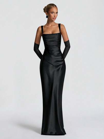 Elegant satinklänning med snörning i midjan, lång klänning för Halloweenfest, cocktailfest, formellt evenemang, julfest, alla hjärtans dag