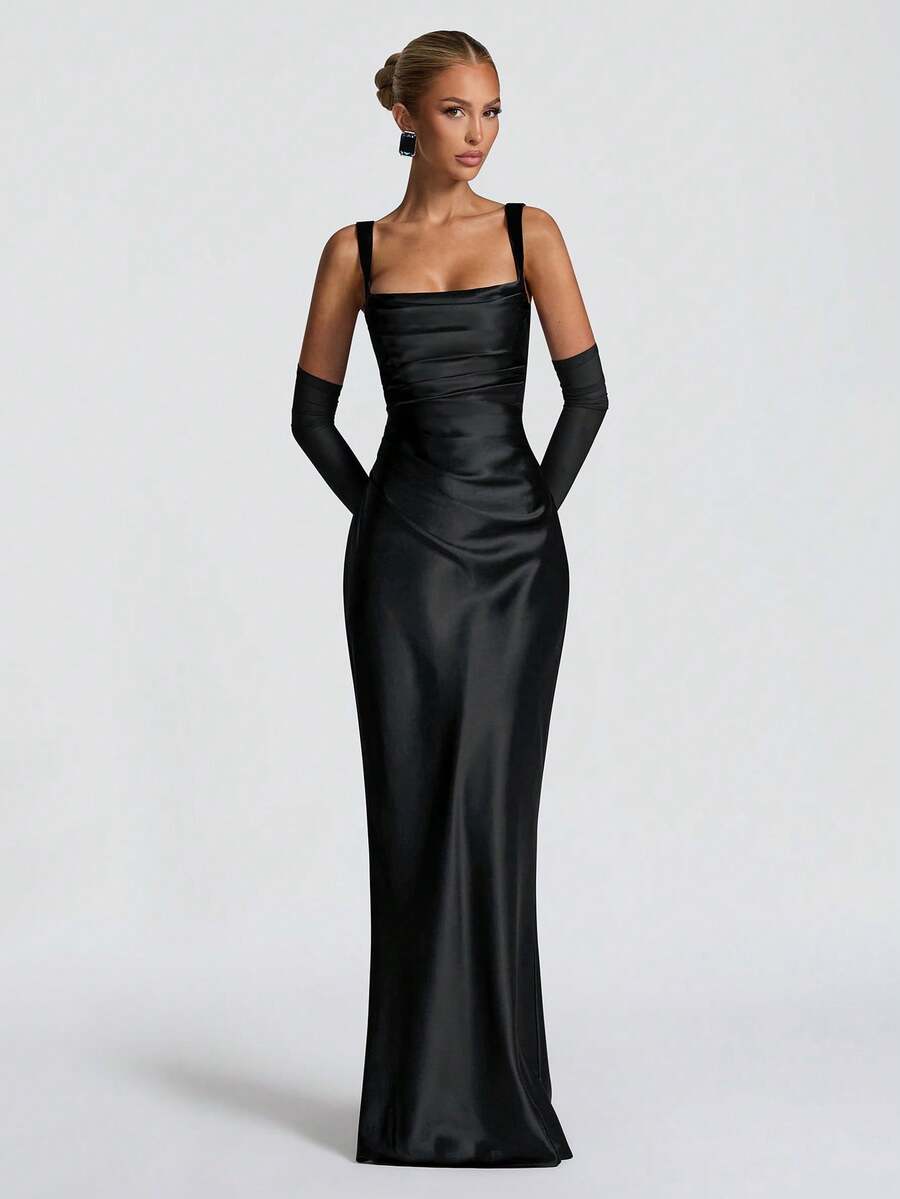 优雅缎面束腰系带吊带连衣裙，长款礼服，适合万圣节派对、鸡尾酒会、圣诞派对、情人节等场合。 - 黑色 - 查看 1