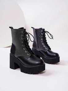 女士经典休闲度假简约坡跟厚底踝靴，秋冬款 - 黑色 - 查看 13