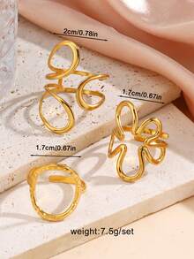 3pcs/Set Stainless Steel Minimalist 18K Gold Plated Geometric Line & Flower Design Rings Set, Suitable For Women's Daily Wear - Multicolor - View 3