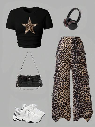 Tween Girl 5-Pointed Star Print Round Neck Short Sleeve Top And Pants Set