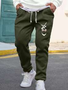 1pc Plus Size Men's Military Green Drawstring Vintage Funny Face Print Sweatpants, Streetwear - Army Green - View 1