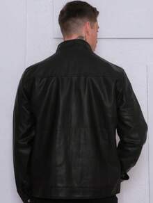 Men's Black Leather Motorcycle Jacket With Zipper - 黑色 - 查看 2