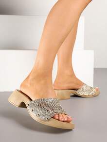 Sandalias casuales de verano de mujer tipo mules de ganchillo bohemio - Dorado - Ver 1