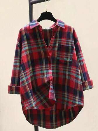 Casual Autumn Plaid Asymmetrical Hem Shirt,Long Sleeve Tops