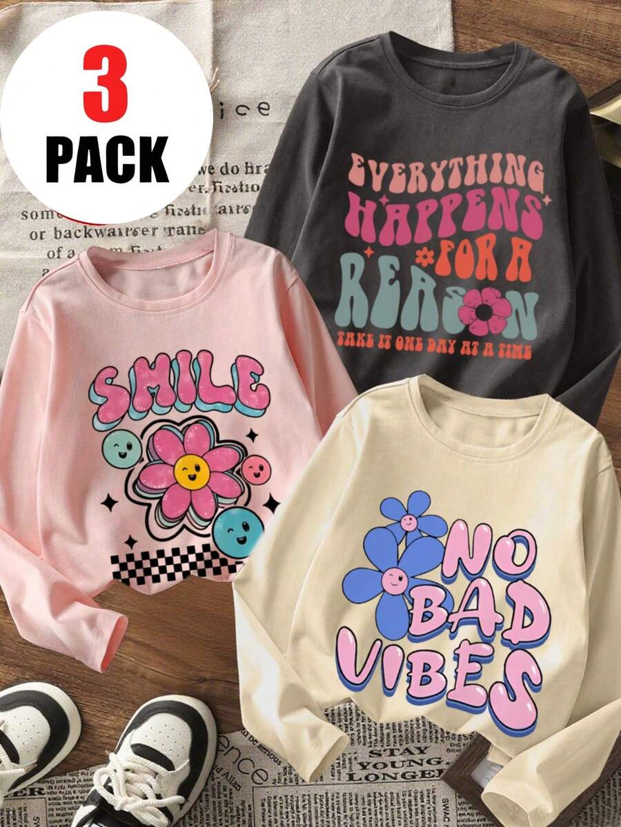 3 Stücke/Set Lässig bedrucktes Rundhals Langarm T-Shirt für Tween-Mädchen, Herbstbekleidung für Schüler und junge Kinder - bunte T-Shirt Oberteile mit Englisch Buchstaben & Gesichts-Grafik, die Kinder zum Lächeln bringen - Aprikosenfarben - Übersicht 1