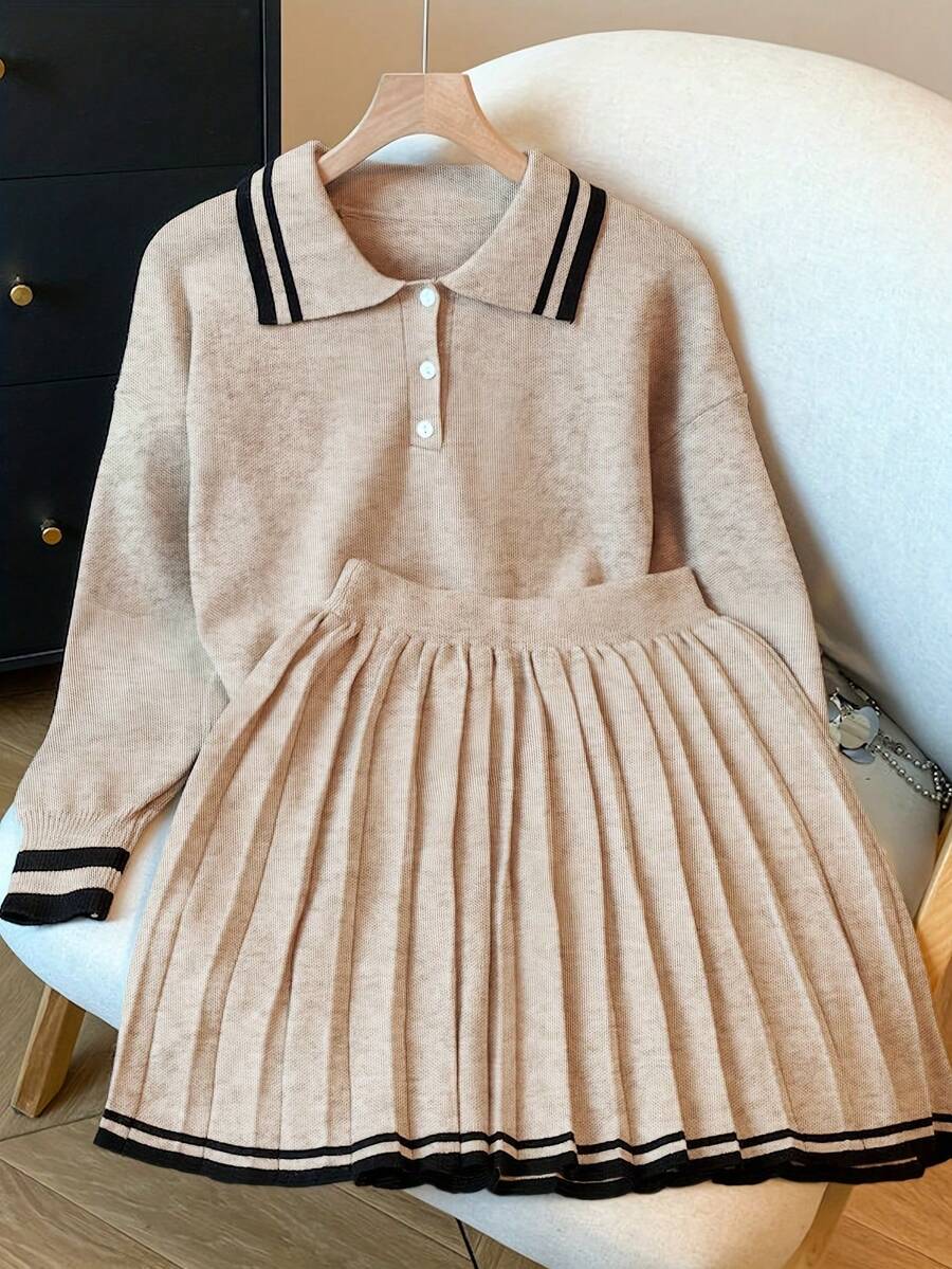 Spring/Summer Women Ribbed Knit Polo Collar Sweater And Pleated Skirt Set With Button Detail, Collegiate Style Casual Fashion Outfit - Oatmeal Color - View 1