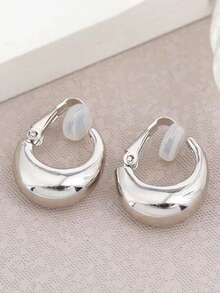 1对新款金色圆形粗款夹式耳环，女士光滑金属厚实无耳洞耳环，时尚饰品 - clip - 查看 5