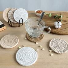 1/4/8pcs Woven Drink Coasters, Round Absorbent Beverage Cup Mats, Handmade Fabric Coasters, Absorbent Coaster Set With Tray, Bohemian Style - Multicolor - View 4