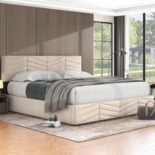 Cama tapizada, cama doble, cama con función hidráulica, terciopelo, estilo a rayas, cama continental, cabecero ajustable en altura, 140 x 190, gris - Beige + Terciopelo + 160 cm x 200 cm - Ver 8