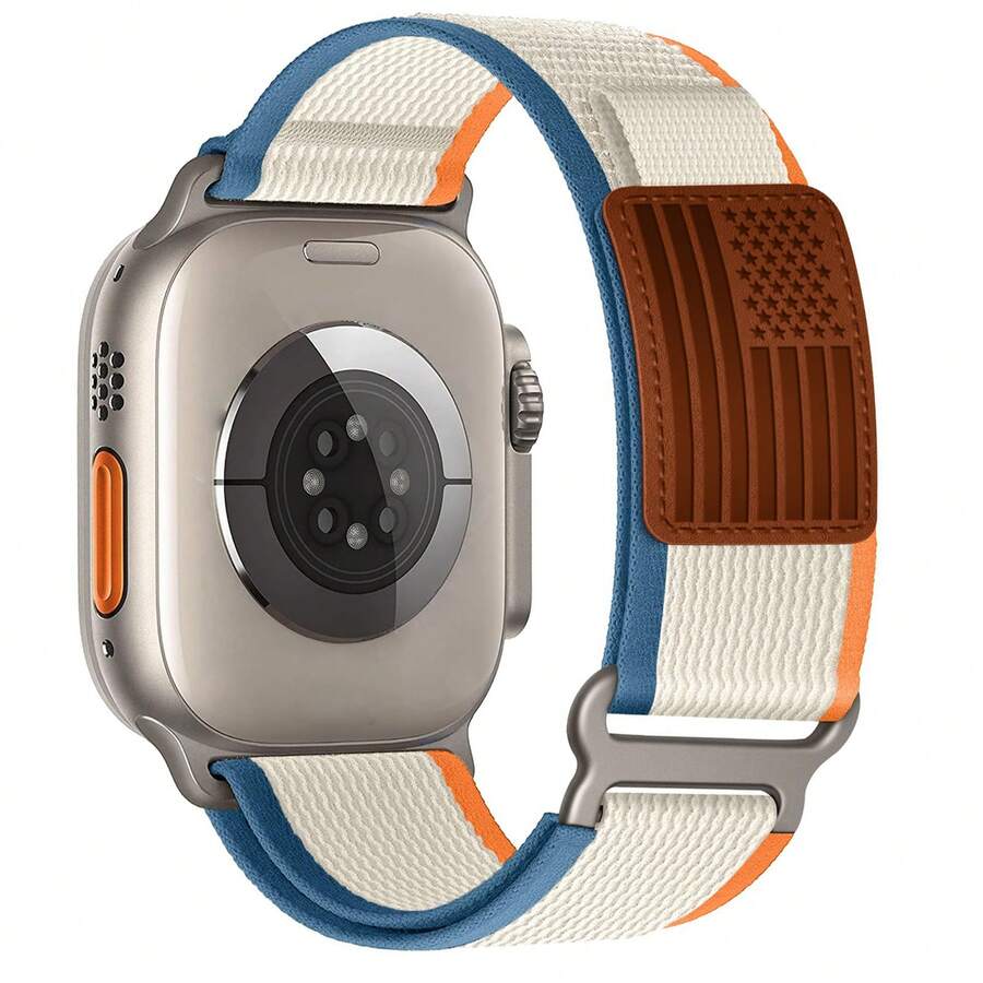 Nylon-Schlaufenband kompatibel mit Apple Watch Bändern 49mm 46mm 45mm 44mm 42mm 41mm 40mm 38mm für Herren und Damen, robustes geflochtenes elastisches Gewebe-Sportarmband kompatibel mit Ultra Series 11/10/9/8/7/6/SE/5/4/3/2/1/SE - Oranger Reis (Lederfahne) - Übersicht 1
