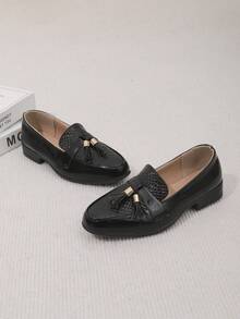 1 Pair New Tassel Decor Boys' Oxford Shoes, Glossy Snake Skin Pointed Toe British Style, Fashion Versatile Children's Formal Dress Shoes, Slip-On, PU Material, Anti-Slip Rubber TPR Sole, Convenient Wear, Suitable For School, Party, Formal Occasions - Black - View 1