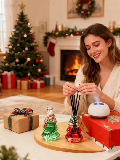 Conjunto de difusores de junco de Natal - Decorações de Natal para casa, difusor de aromaterapia com aroma de lavanda e cedro com óleos essenciais naturais, purificador de ar sem chama de longa duração para casa, escritório, quarto e banheiro | Caixa de presente de Natal, inauguração de casa, presentes de aniversário para mulheres e homens, decoração de Natal
