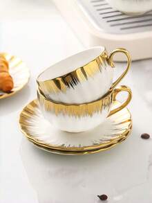 1 Set Ceramic Coffee Cup & Saucer With Gold Rim, Elegant Tea Set, Suitable For Living Room, Cafe, Kitchen, Office, Cup, Ramadan, Saudi Premium Coffee Cup