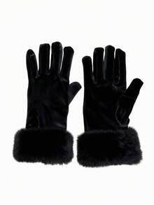 1 双女式短款天鹅绒圣诞手套，带白色毛皮饰边，温暖派对手套，秋冬 - 彩色 - 查看 8