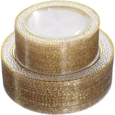50pcs Gold Rimmed Plates Set, Elegant Transparent Rim With Gold Accent For Pastries, Cakes, Pizzas, Salads, 7.5"/10.25" Size, Reusable And Easy To Clean, Suitable For Outdoor Parties, Birthdays, Weddings And Holiday Gatherings