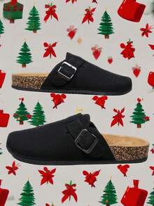 Nuevas zapatillas de mujer sin cordones, zapatos tipo mula casuales, suela acolchada de corcho cómoda, correa ajustable, adecuados para otoño/invierno en casa, oficina, dormitorio, uso casual diario, interior, regalo, talla UE 36-45 - Negro - Ver 7