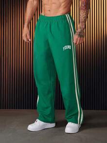1件男士雙條紋休閒長褲，Taslon特種面料，時尚休閒青年印花，適合海邊度假、日常通勤、運動、戶外健身、慢跑，寬鬆直筒褲腿，春夏秋冬四季皆宜，男友丈夫禮物，週年紀念禮物 - 綠色 - 查看 3