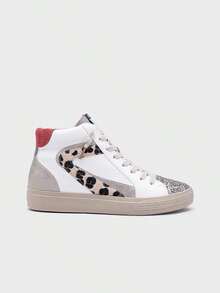 Baskets montantes pour femme avec détails à paillettes et imprimé léopard, design scintillant et fermeture éclair – style urbain chic et glamour - Kaki - Voir 3