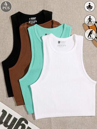 4pcs Women Seamless Striped Cropped Tank Tops, Crew Neck Sleeveless Casual Moisture Wicking Sports Vest, Women Clothing