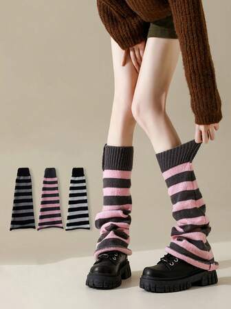 1 双女士舒适撞色保暖腿套，长筒腿套，喇叭裤腿套，条纹小腿套，Y2K风格腿套，秋冬季针织保暖腿套，女士日常保暖腿部配饰