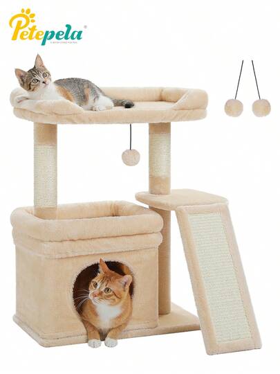 PETEPELA - 高さ65cm キャットタワー ミニ 猫タワー 低い 小さい 猫ハウス 猫 爪研ぎ タワー 子猫向け シニア猫 ペット おしゃれ スリム 可愛い 猫 ベッド 短足 マンチカン 階段 登りやすい ジャンプの苦手な猫ちゃん 人気 据え置き 省スペース 組立簡単 安定 ,ベージュ