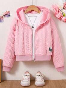 Áo khoác nỉ có khóa kéo, màu trơn, thêu chữ, dành cho bé gái tuổi teen - Hồng - Xem 1