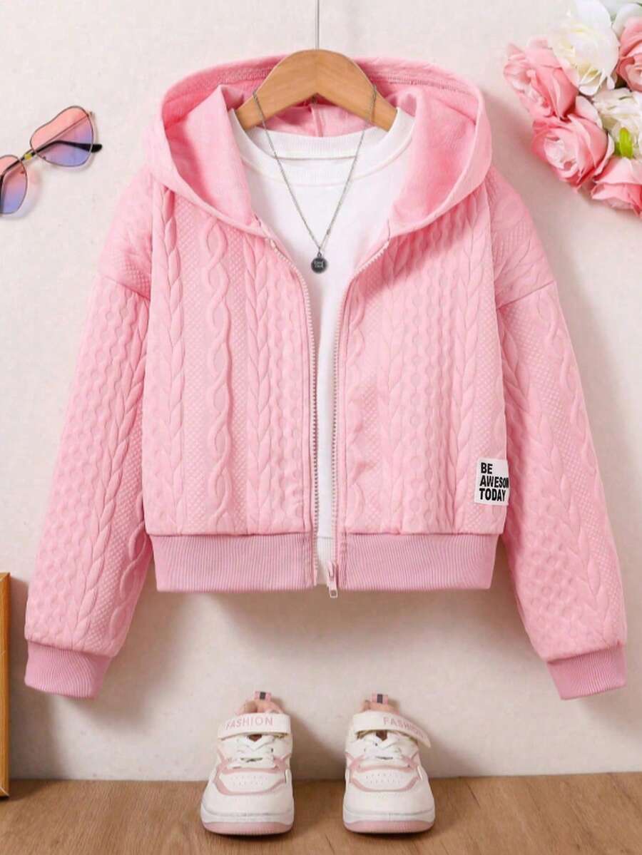Áo khoác nỉ có khóa kéo, màu trơn, thêu chữ, dành cho bé gái tuổi teen - Hồng - Xem 1