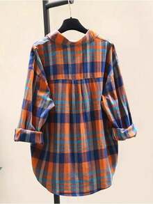 女士休闲格子前扣宽松格子衬衫秋季 - 橘色 - 查看 2