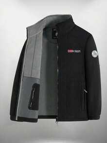 男士长袖秋冬抓绒外套，双面羊羔绒内衬，商务休闲加厚保暖外套，情侣款 - 黑色 - 查看 2