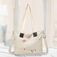 Bolso de hombro para mujer, con correa ajustable, bordado de flores, cierre de botón, bandolera - Blanco - Ver 3