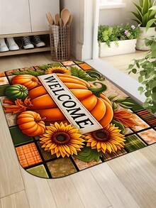 Welcome Mat - Non-Slip, Machine Washable Plush Polyester Doormat - Autumn Harvest Pumpkin And Sunflower Design, Suitable For Entryway, Kitchen, Living Room, Thanksgiving, Graduation Decor - Rectangular Indoor Floor Mat Kitchen Rug