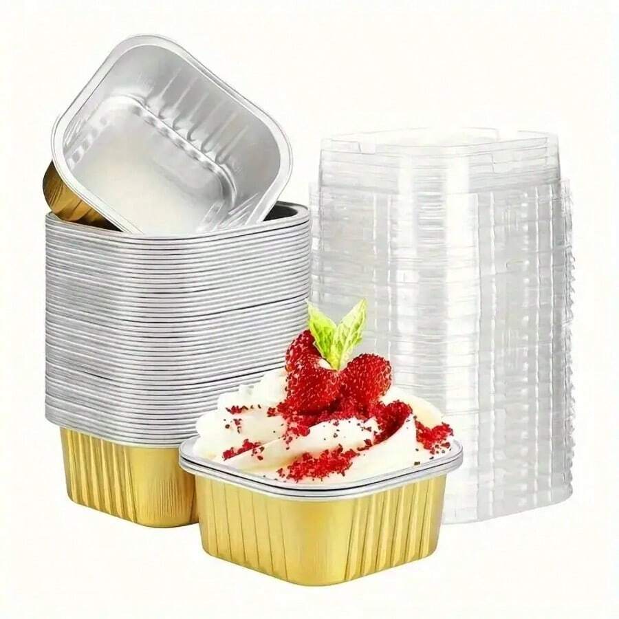 25/50pcs Gold Durable Square Aluminum Foil Baking Cups With Lids - For Cakes, Muffins, Desserts, Christmas, Halloween, Muffin Cups, Dessert Containers, Sturdy Structure, Heat-Resistant Material, Holiday Cooking, Party Planning - Gold - View 1