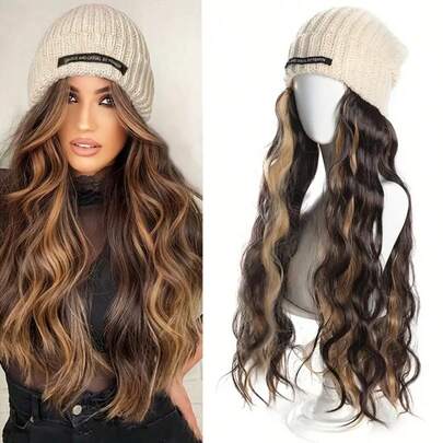 Hat Wig 22 Inch Long Curly Wave Hat Wig Synthetic Wig With Beige Elastic Knitted Cap - Beanies Hat Wig High Temperature Fiber, 100% Density, Natural Look For Daily Wear,For Women Warm Black Cap Wig