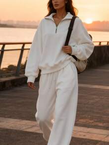 2026 Early Spring New Arrival Set: Versatile, Comfortable, Lightweight, And Casual;[Designer Half-Zip Stand-Up Collar Sweatshirt] Niche High-End Feel, Loose Silhouette, Versatile Layering Artifact - 白色 - 查看 2