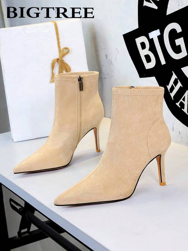 Classic Pointed Toe Stiletto Heel Short Boots, European And American Style, Suede Side Zipper Fashion Women's Slim Ankle Boots