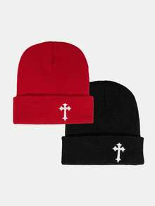 2顶男士街头风十字绣针织帽，Y2K风格冬季装备 - 彩色 - 查看 19