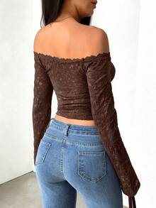 GAOVOT Women's Summer Y2K Sexy And Hot Girl See-Through One-Shoulder Long-Sleeved Lace Top Is Suitable For Valentine's Day Occasions - Dark Brown - View 2