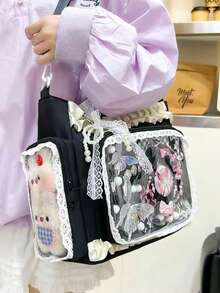 1个可爱蕾丝荷叶边装饰单肩包，优雅精致的日式风格，透明层叠装饰，适合动漫/漫画展，大容量休闲手提包，配有可拆卸可调节肩带 - 黑色 - 查看 4