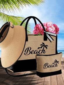 女士沙滩包套装，包括帆布沙滩包、卡其色波浪纹沙滩遮阳帽、单肩包、手提包、亚麻化妆包、宽檐防晒帽、蝴蝶结户外旅行帽 - 彩色 - 查看 5