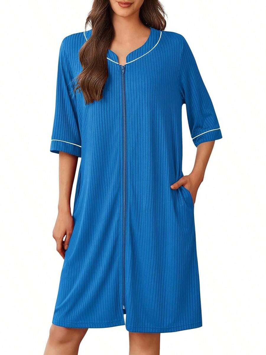 Women Robes Zipper Front 3/4 Sleeve Housecoat Zip Up Bathrobes Lightweight Nightgown With Pockets S-XXL - Royal Blue - View 1