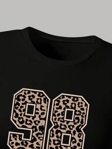 Tween Girl Numeric Print Round Neck Short Sleeve Top And Pants Set - Black - View 3